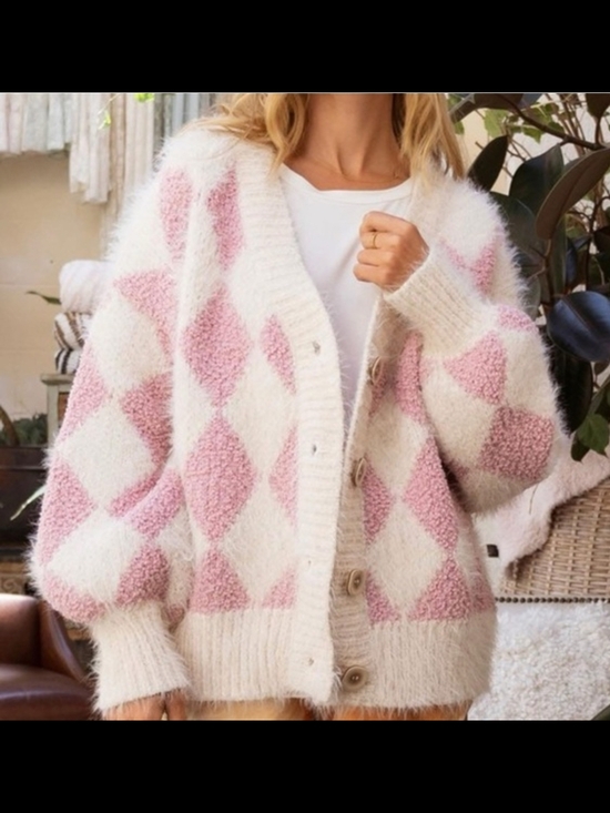 POL Sweaters - POL Pink and Cream Diamond Cardigan